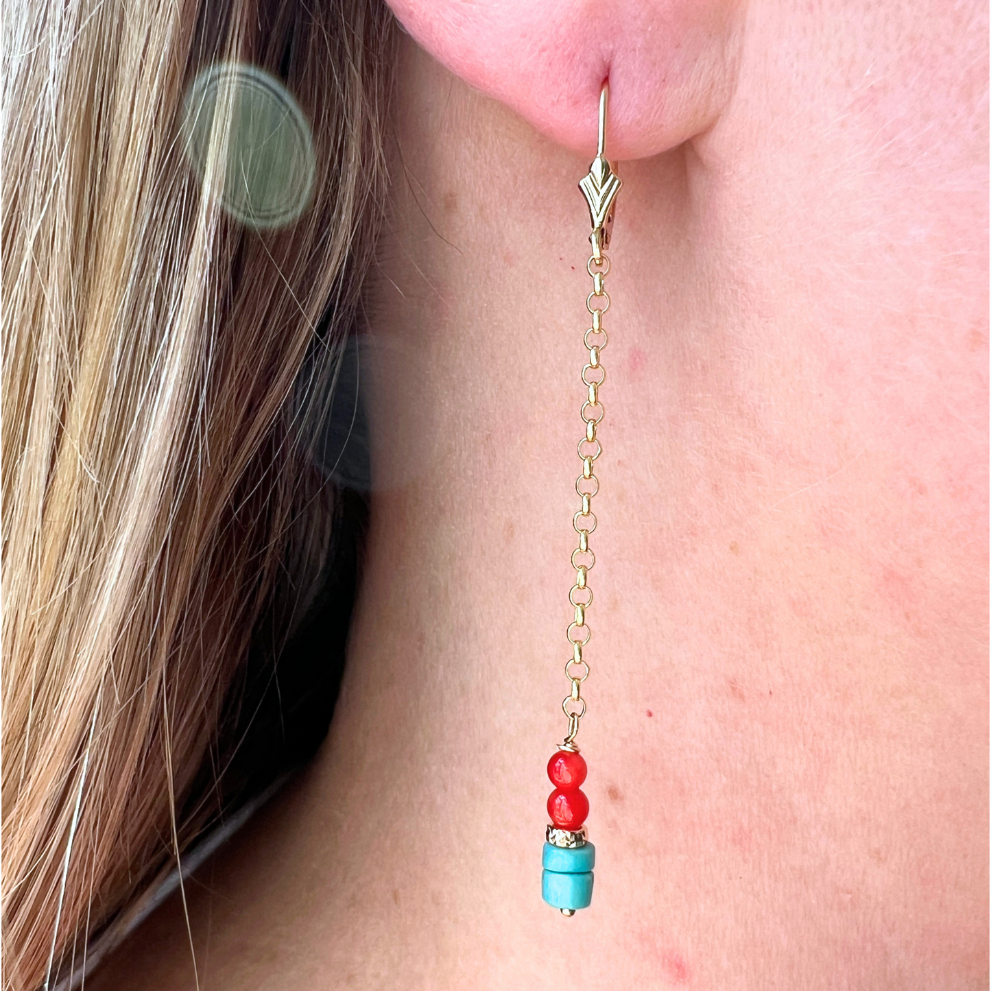 14K Gold Turquoise & Red Coral Heishi Rolo Chain Earring