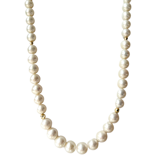14K Gold White Pearl Graduated Mirror Bead Necklace