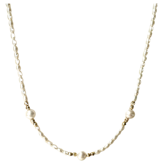 14K Gold White Pearl With Mirror Bead Necklace