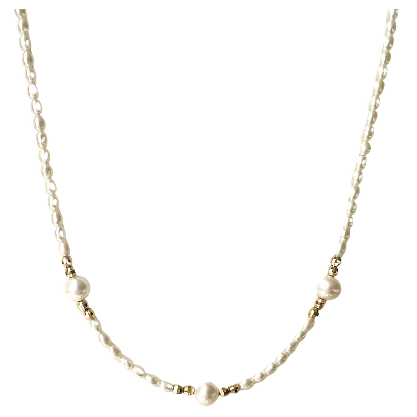14K Gold White Pearl With Mirror Bead Necklace