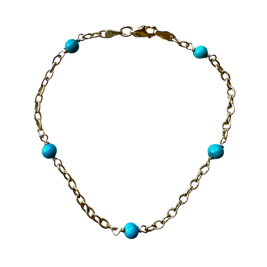 14K Gold Turquoise 4mm Oval Chain Bracelet