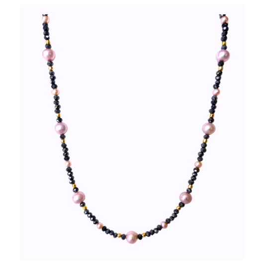 14K Gold Silv Blk Spinel & Pink Pearl Necklace
