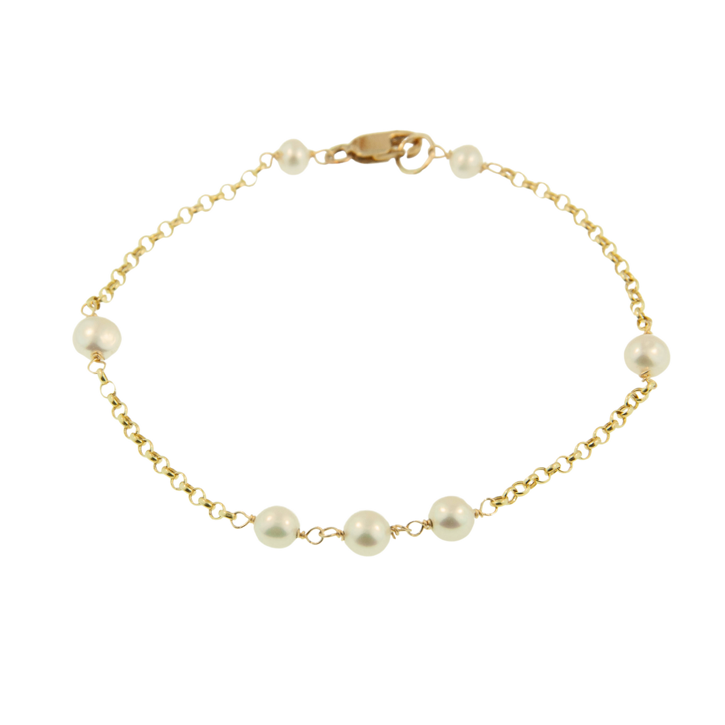 14K Gold White Pearl Station Rolo Bracelet