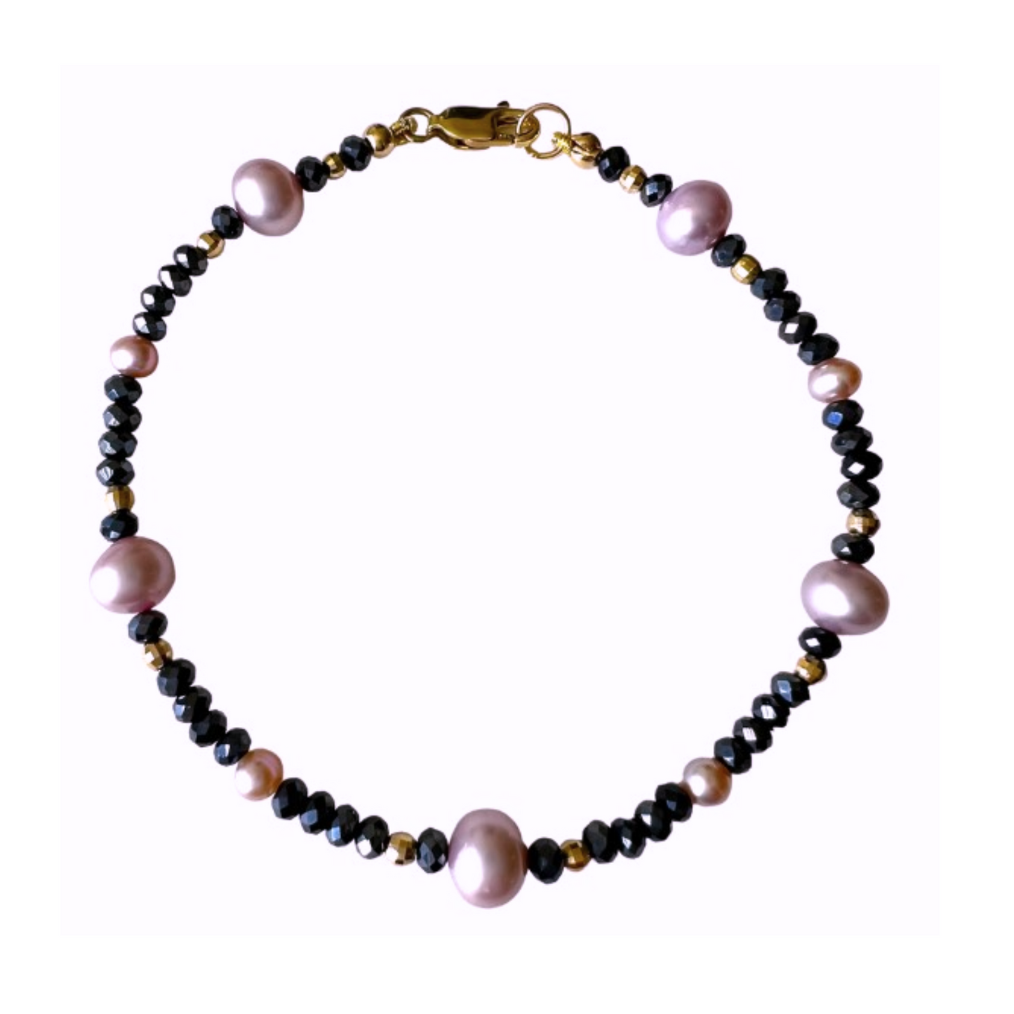 14K Gold Silv Blk Spinel & Pink Pearl Bracelet