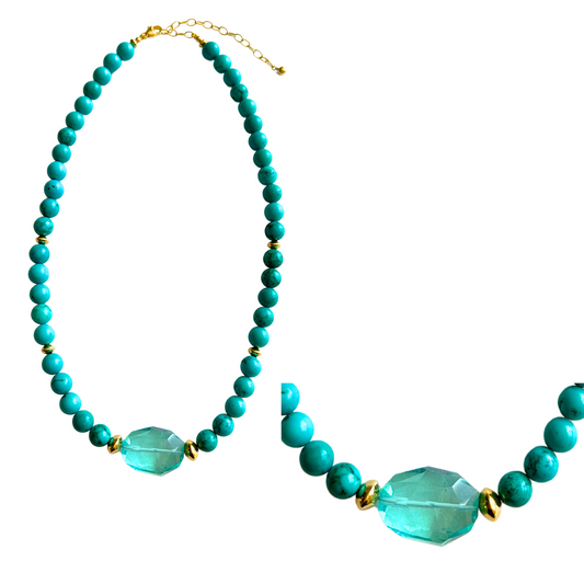 Gold Over Sterling Turquoise &  Moldovite Nugget Necklace
