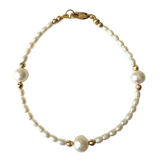 14K Gold White Pearl Mirror Bead Bracelet