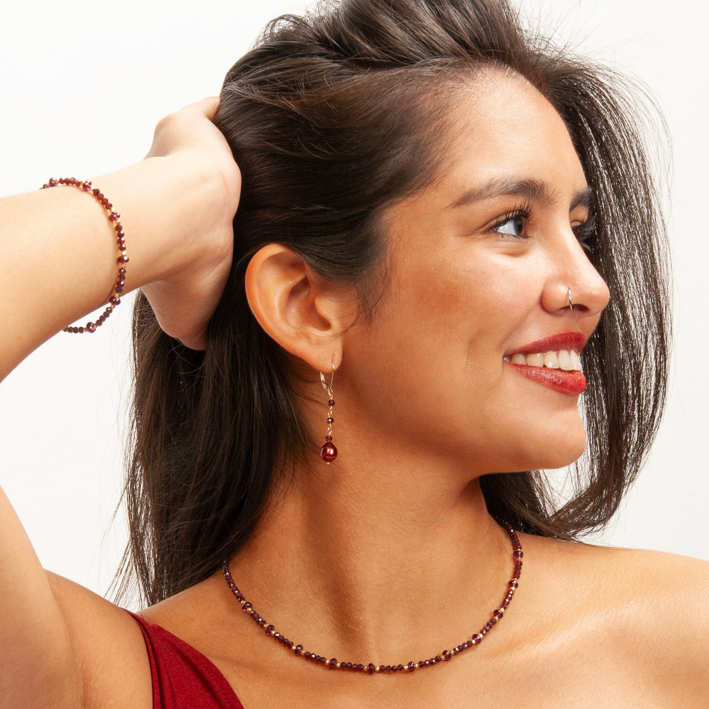 14K Gold Garnet & Burgundy Pearl Triple Drop Earring