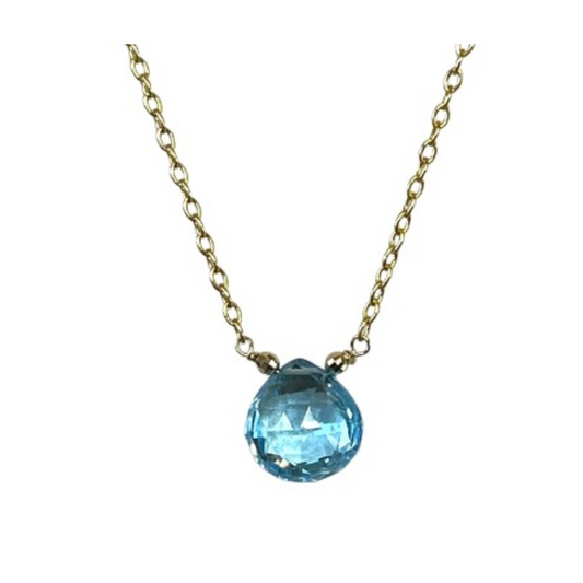 14K Gold Blue Topaz Lrg Heart Oval Chain Necklace