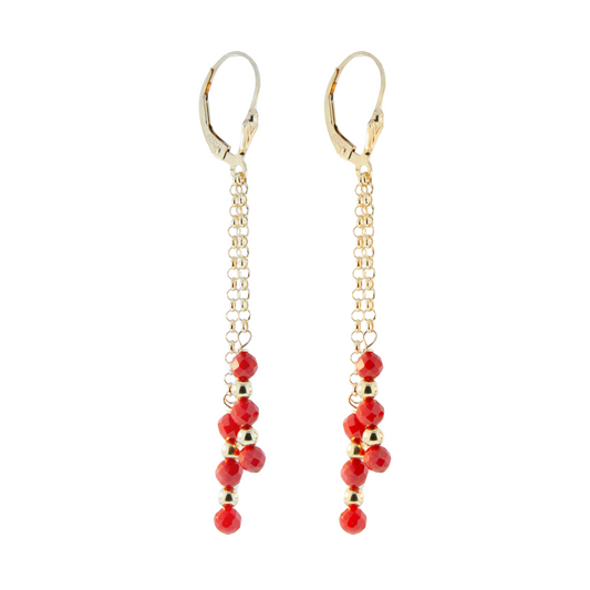 Gold Over Sterling Red Coral 4mm Faceted Dbl Chain Earring