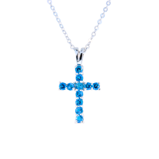 Sterling Silver Tiny Teal CZ Cross Necklace