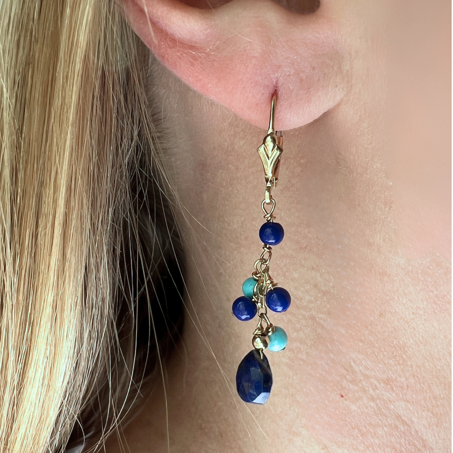 14K Gold Lapis & Turquoise Cascade Earring