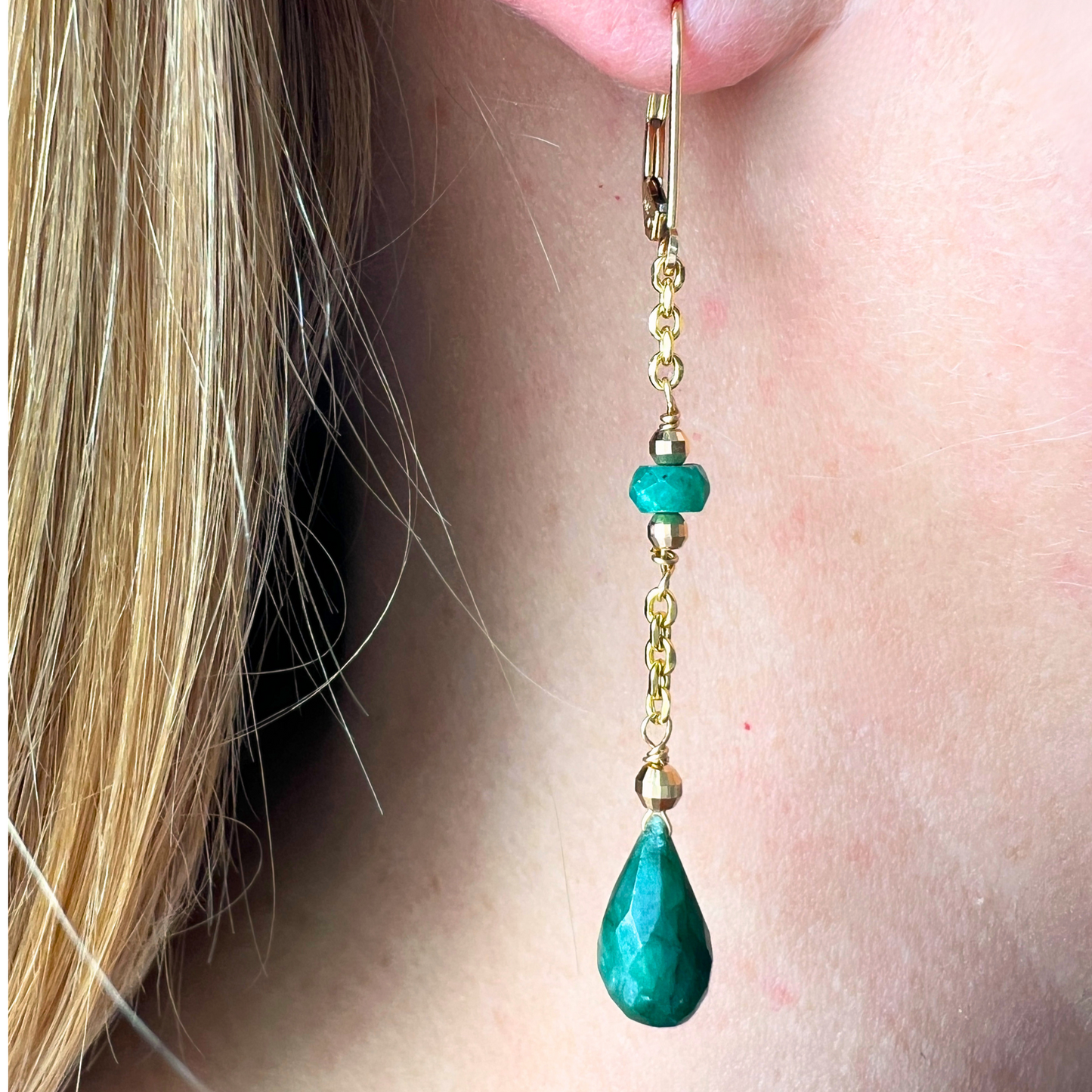 14K Gold Emerald Briolette DC Cable Chain Earring