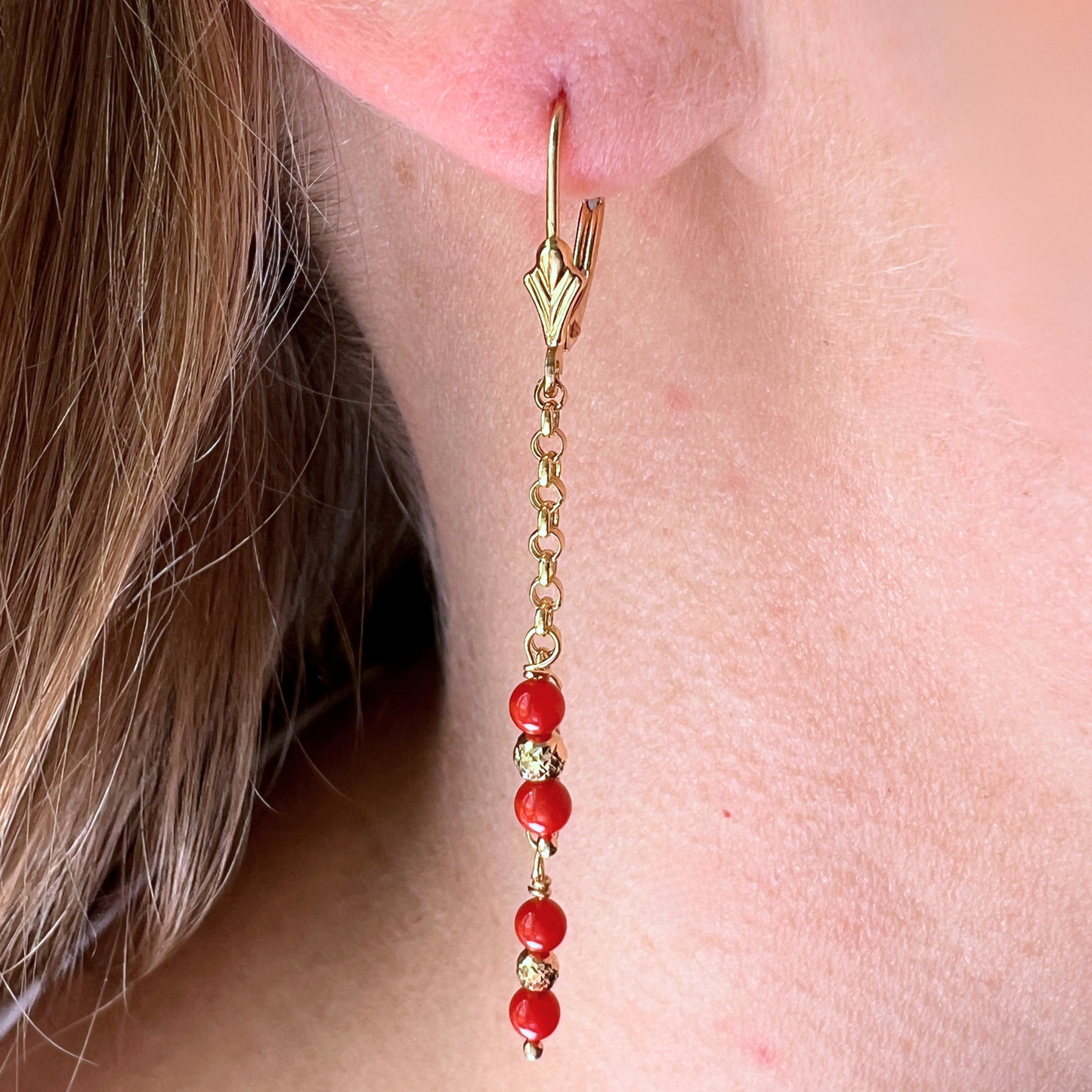 14K Gold Red Coral Double Chain Earring