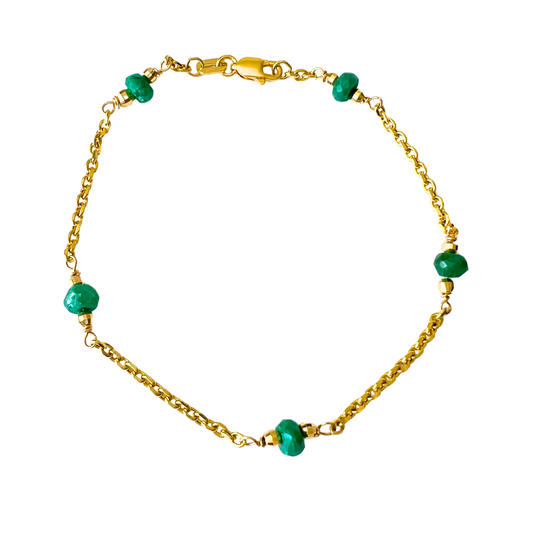14K Gold Emerald Rondelle, Diamond Cut Chain Bracelet