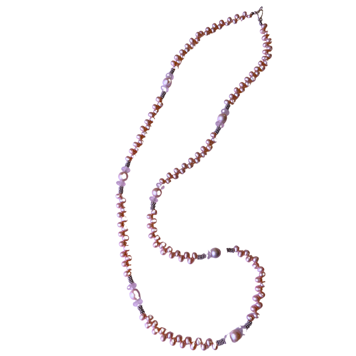 Sterling Silver Pink Dancing Pearl & Rose Qtz Rope