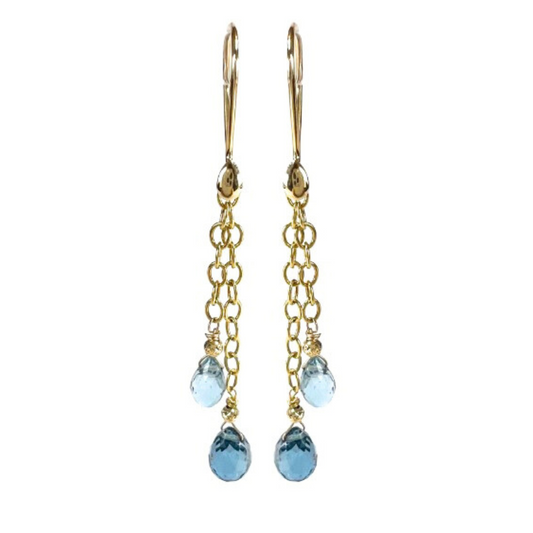 14K Gold London Blue Topaz Briolette Chain Earring