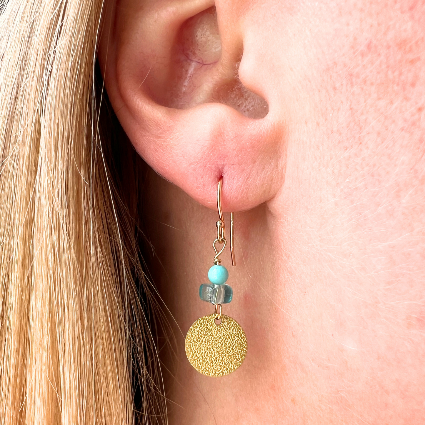 14K Gold Apatite Rondelle Turquoise Disc Earring