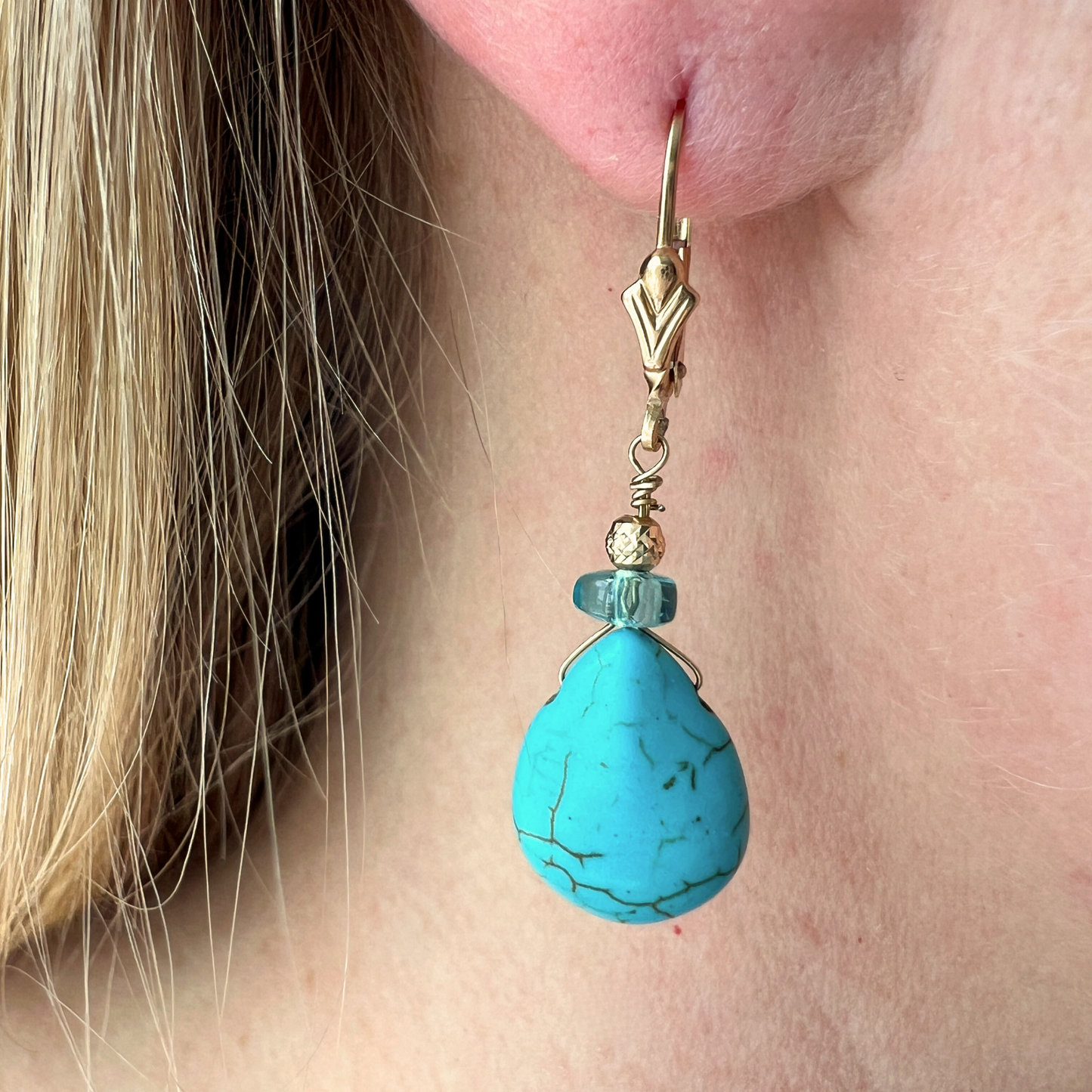 14K Gold Tuquoise Teardrop & Apatite Earring