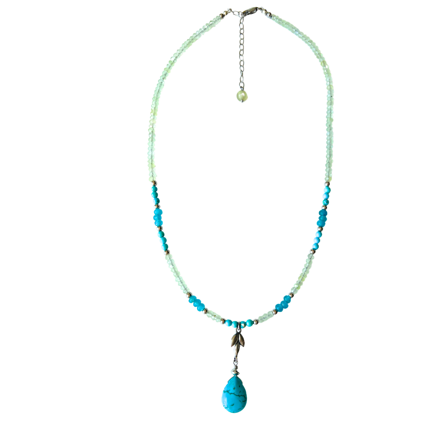 Sterling Silver Waterfall 3 Leaf TQ & Prehnite Necklacce
