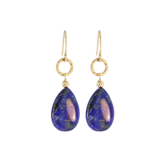 14K Gold Lapis Teardrop with Hammered Ring Earring