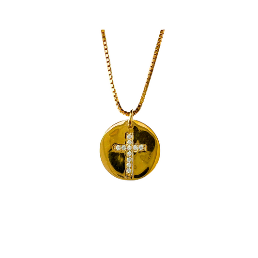 Gold Over Sterling Disc with CZ Cross on Chain