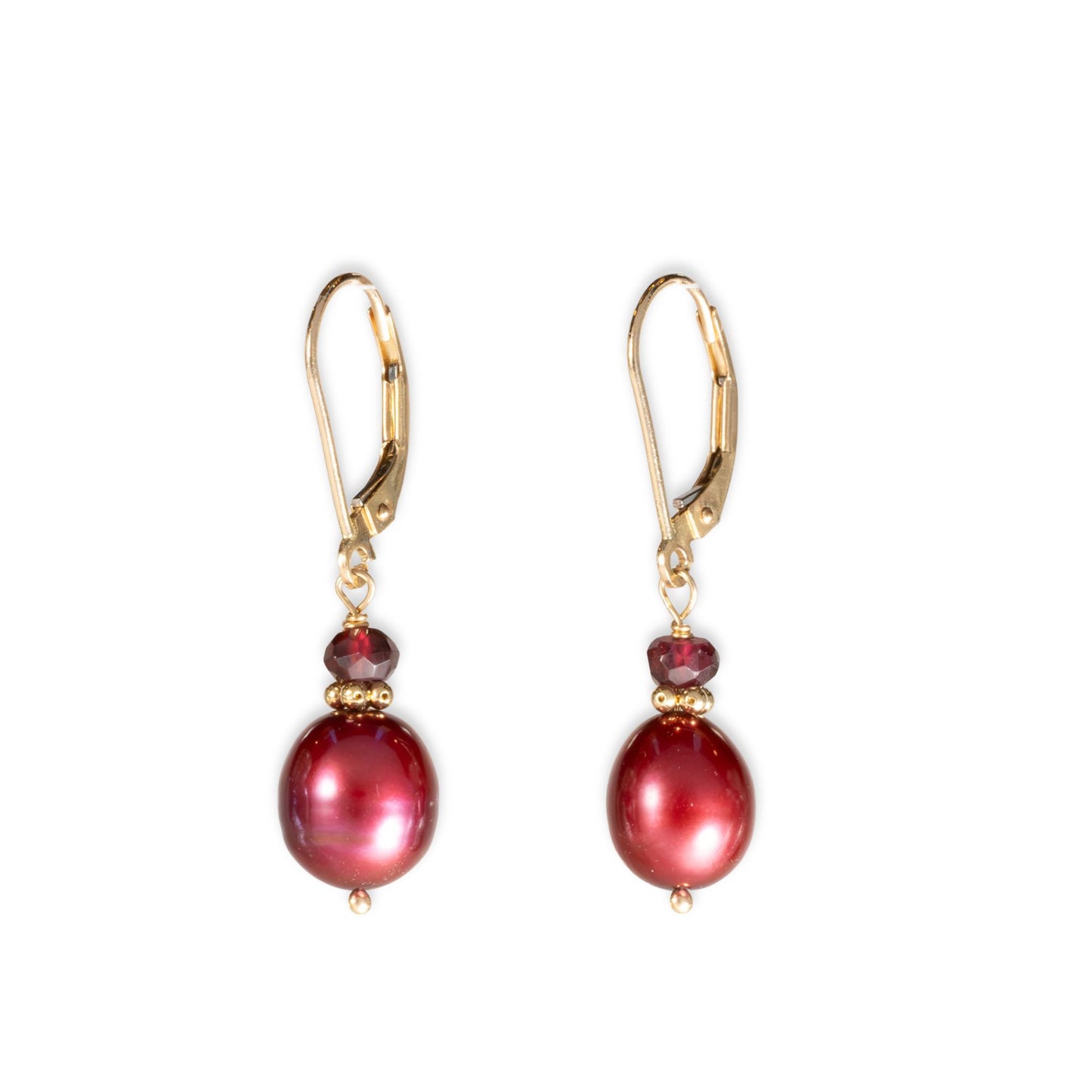 14K Gold Garnet & Burgundy Pearl Leverback