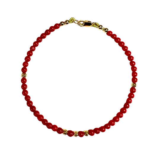 14K Gold Red Coral 3mm Pyramid Bead Bracelet