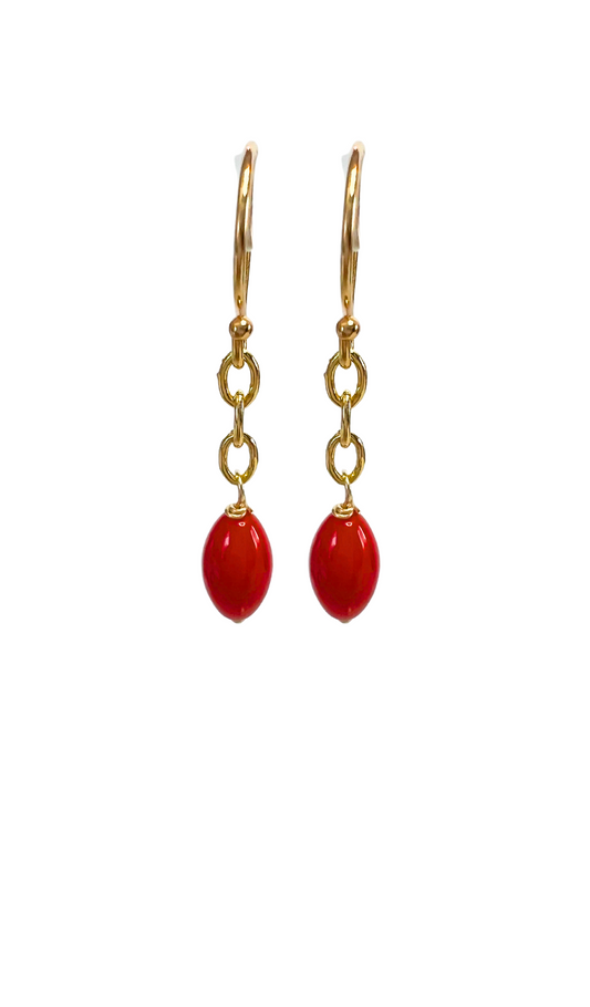 14K Gold Red Coral Oval Chain Earring