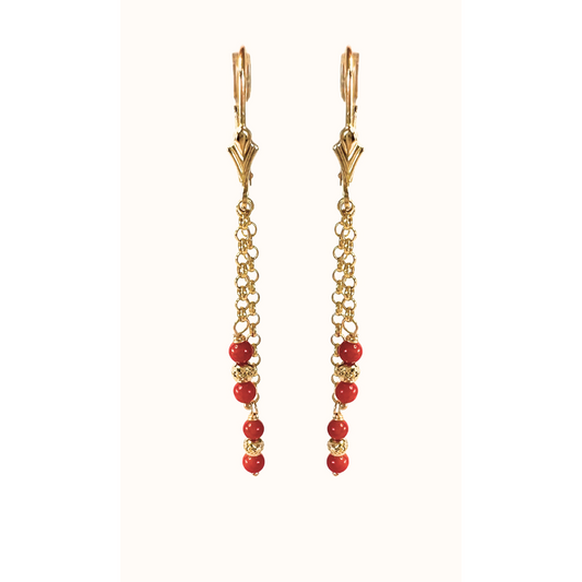 14K Gold Red Coral Double Chain Earring