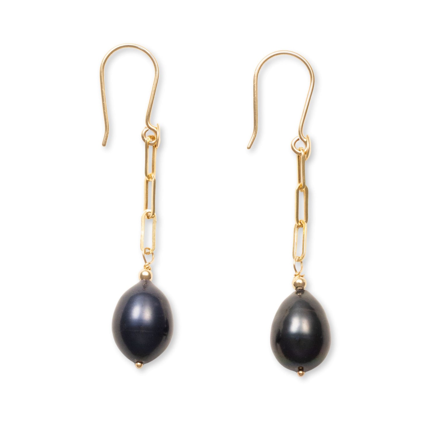 14K Gold Black Pearl Paperclip Earring