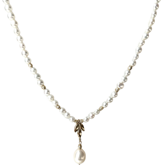 14K Gold White Pearl Leaf Necklace