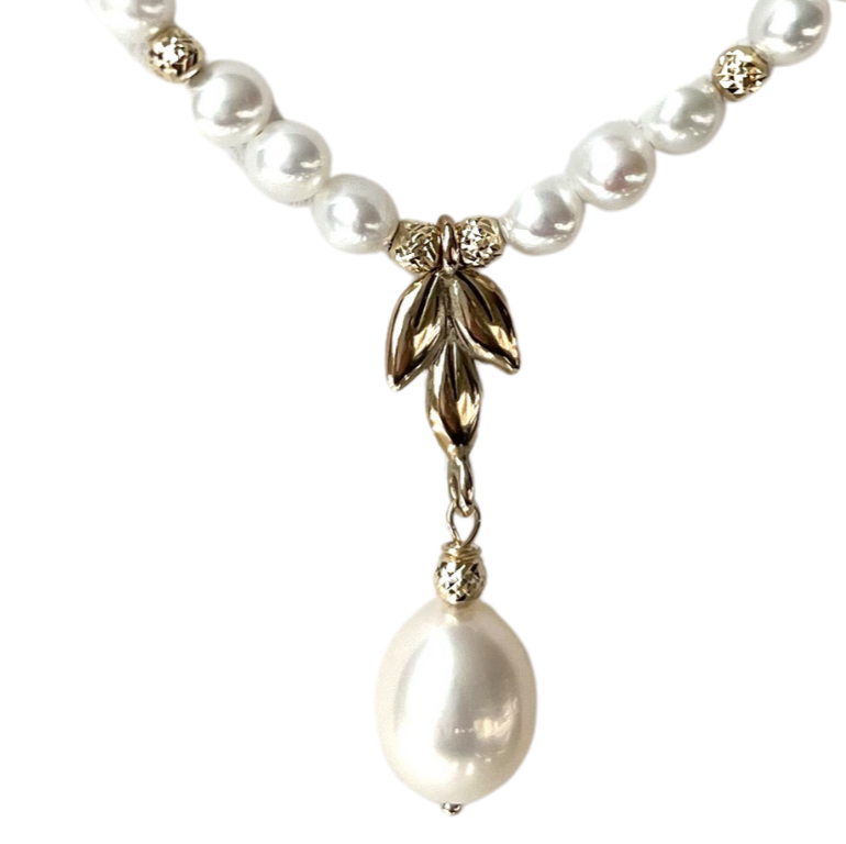 14K Gold White Pearl Leaf Necklace