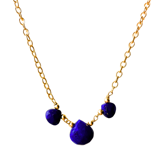 14K Gold Lapis 3 Heart Drop Chain Necklace