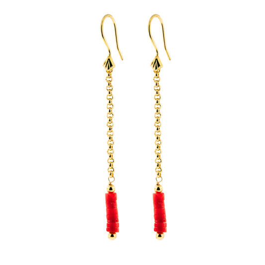 Gold Over Sterling Red Coral Heishi Chain Drop Earring