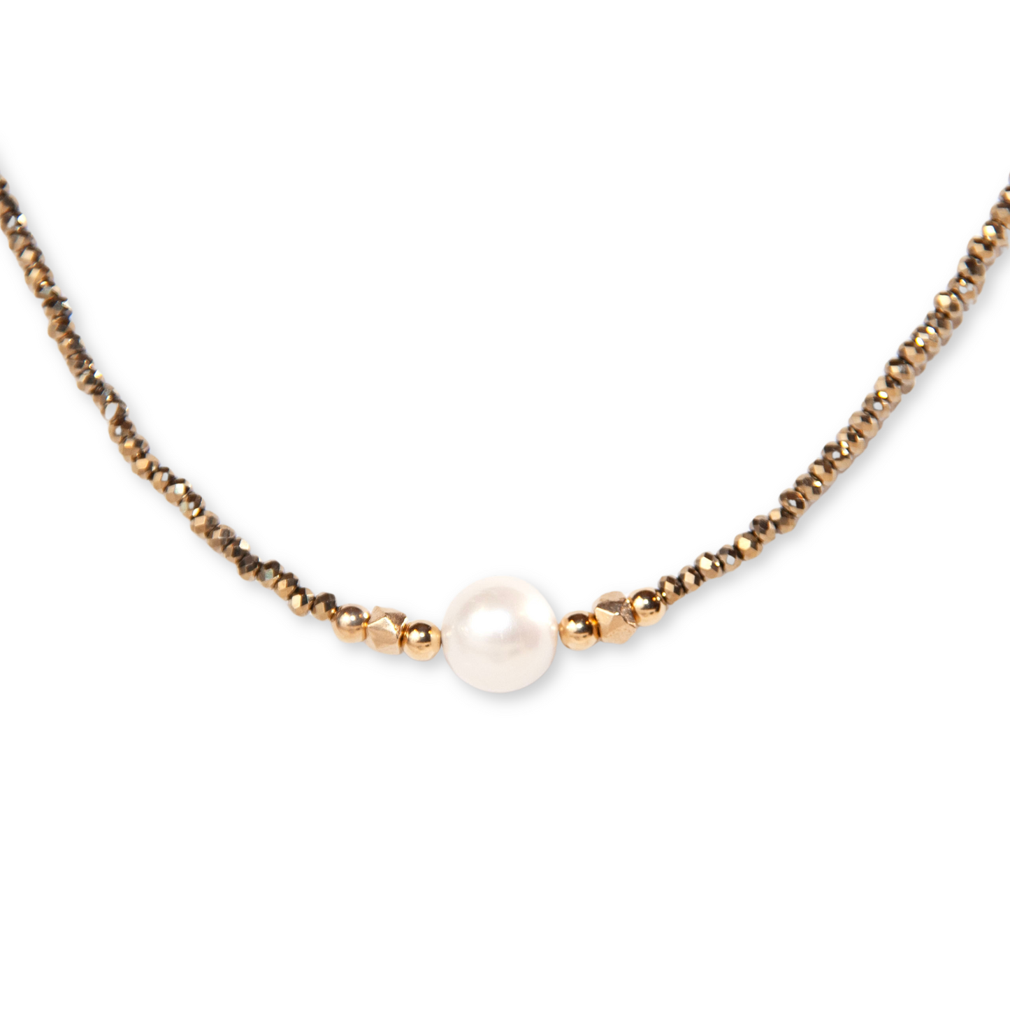 Gold Over Sterling White Pearl & Pyrite Necklace