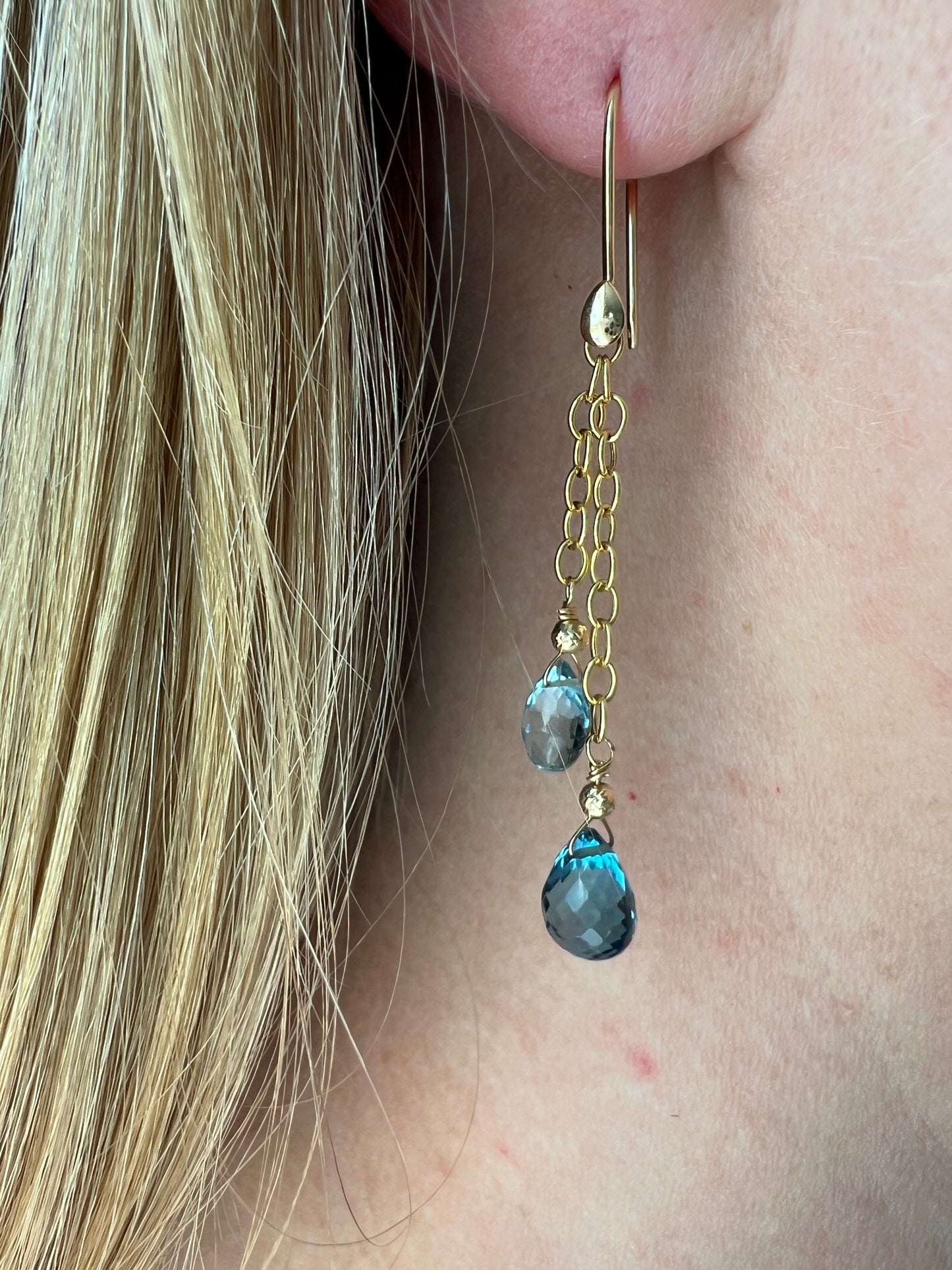 14K Gold London Blue Topaz Briolette Chain Earring