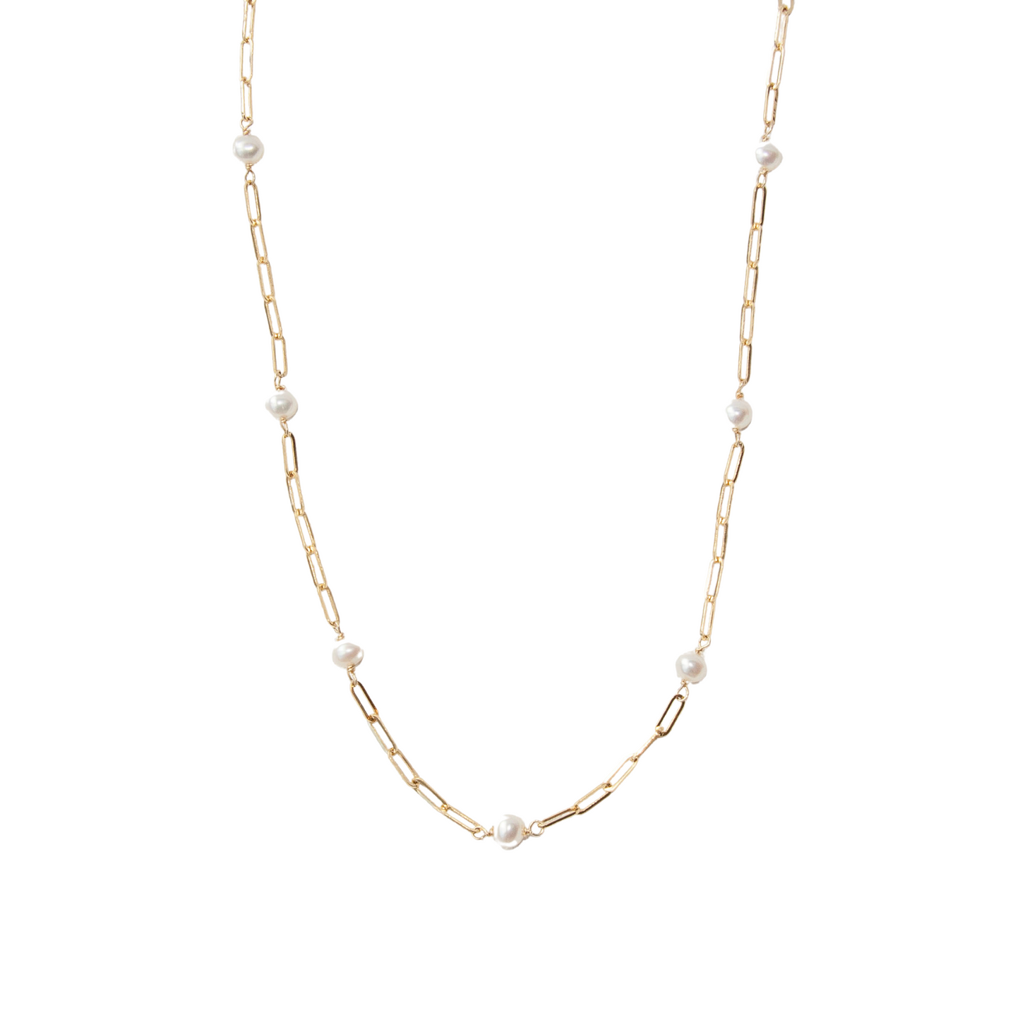 14K Gold White Pearl Paperclip Station Necklace