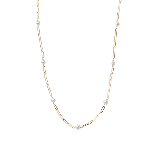 14K Gold White Pearl Paperclip Station Necklace