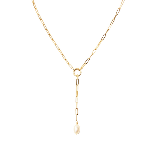 14K Gold White Pearl Paperclip Y Necklace