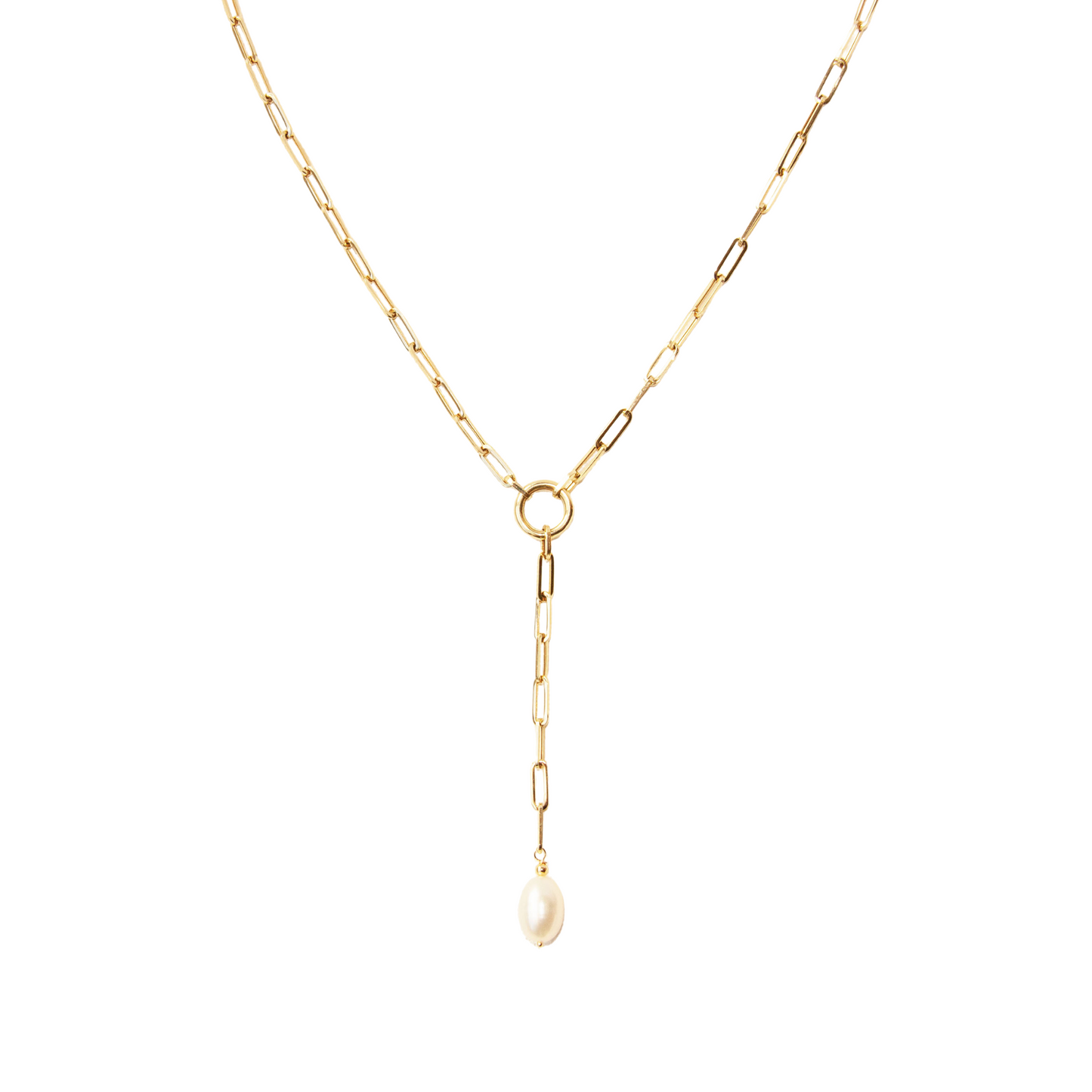 14K Gold White Pearl Paperclip Y Necklace