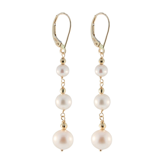 14K Gold White Pearl Mirror Bead Triple Drop Earring