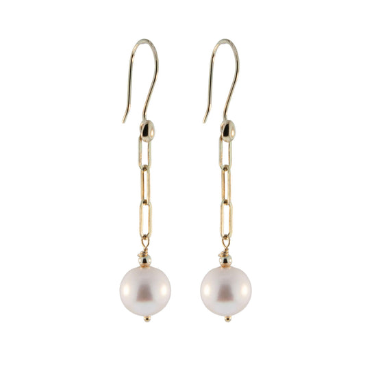 14K Gold White Pearl Paperclip Chain Earring