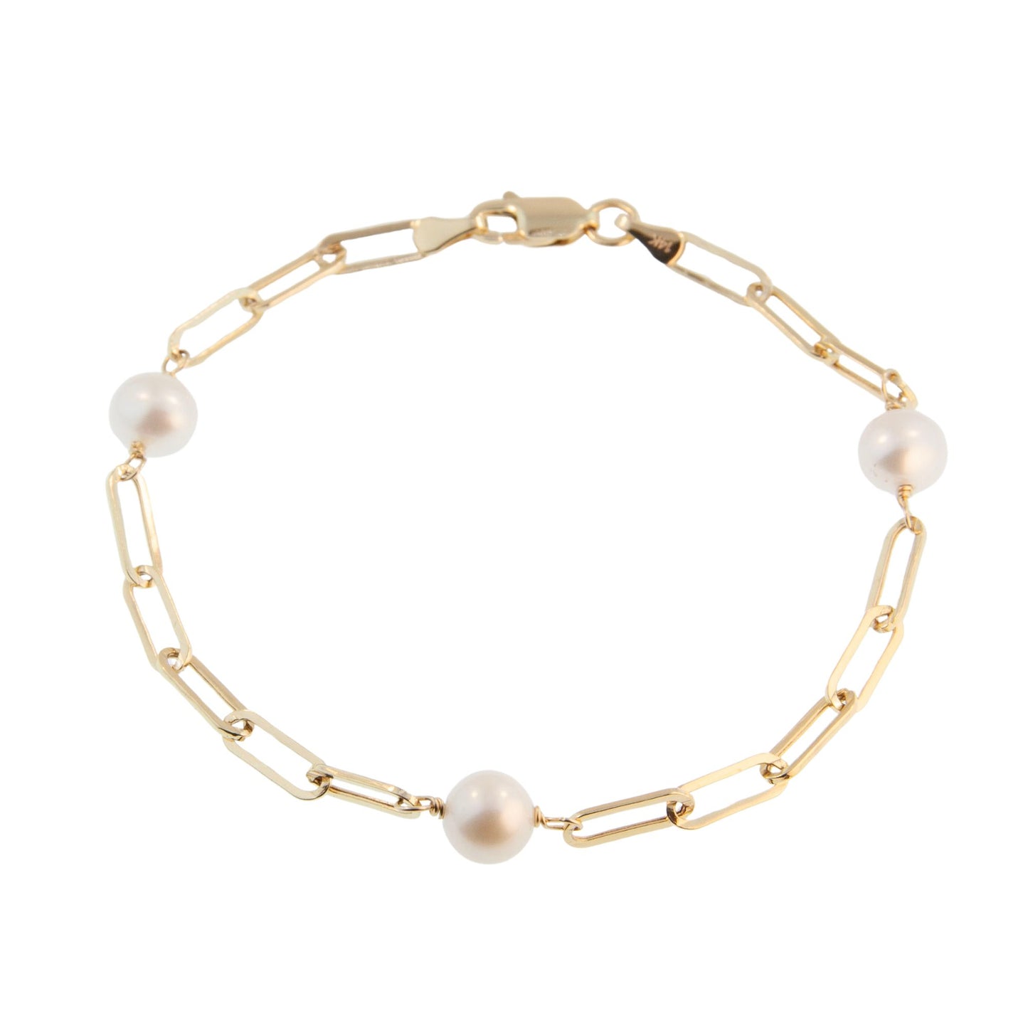 14K Gold White Pearl 3 Station Paperclip Bracelet