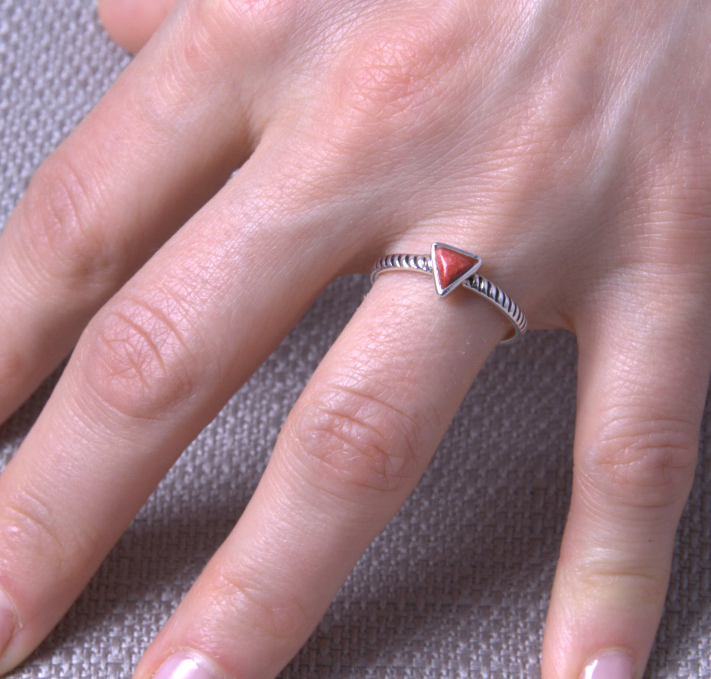 Sterling Silver Red Coral Small Triangle Ring