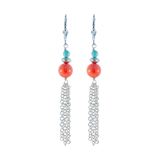Sterling Silver Turquoise & Pink Coral Tassel Earring