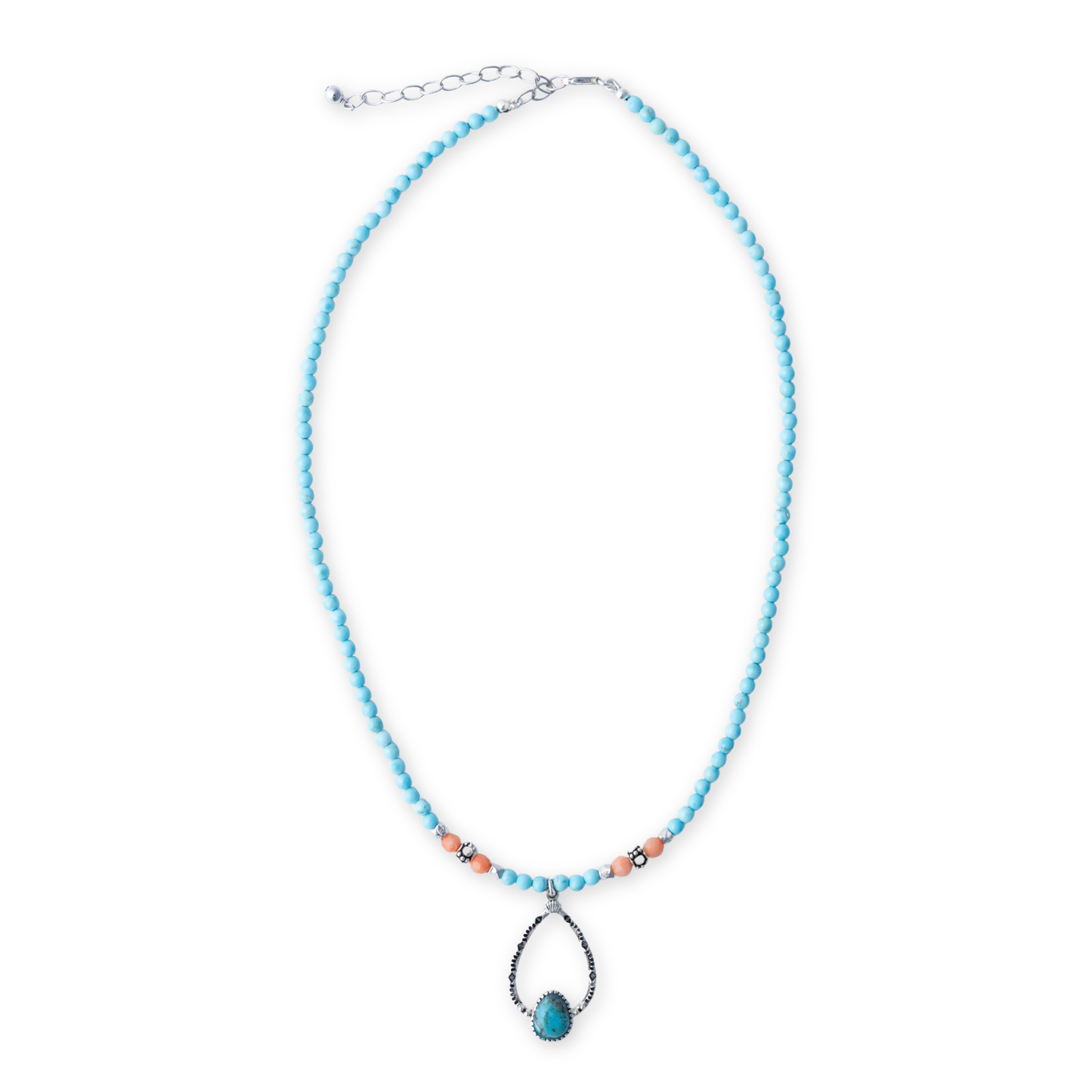 Sterling Silver Turquoise & Pink Coral Drop Necklace
