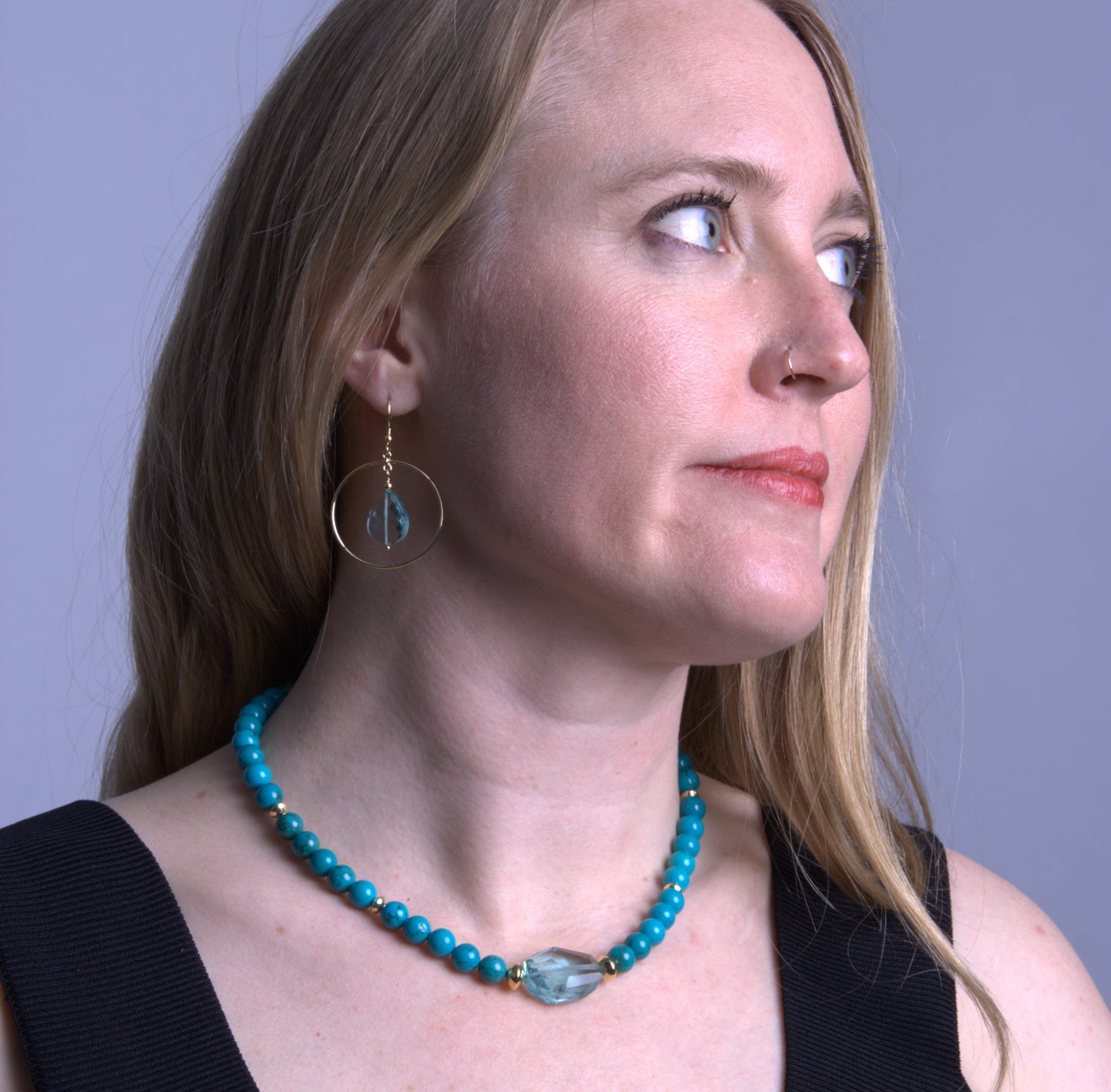 Gold Over Sterling Turquoise & Moldovite Nugget Necklace