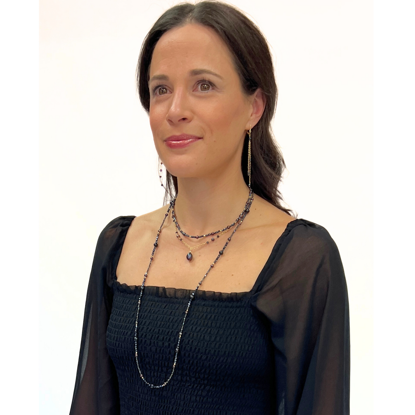 14K Gold Black Pearl & Spinel Chain Necklace