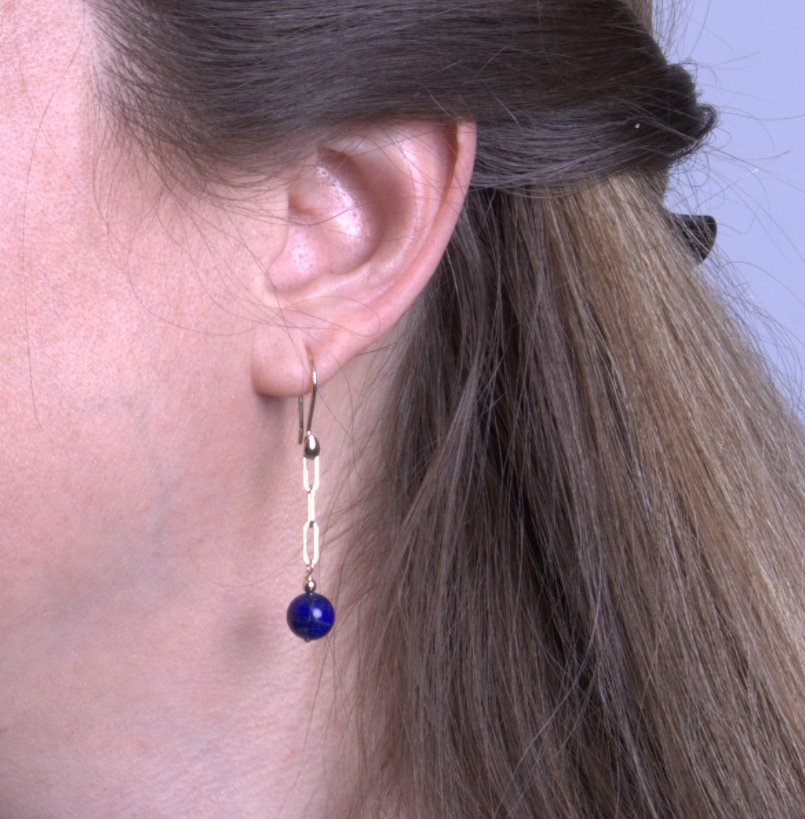 14K Gold Lapis 8mm Paperclip Chain Earring
