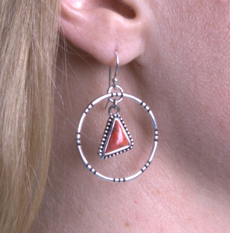 Sterling Silver Red Coral Open Textured Hoop